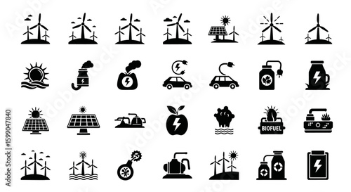 Vector Icons Set of Set of black solid glyph icons for renewable energy sustainability and eco power. EPS Editable