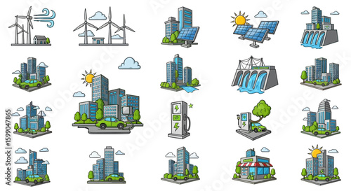 Vector Icons Set of Set of colorful cartoon illustrations depicting green energy electric vehicles and sustainable urban life. EPS Editable