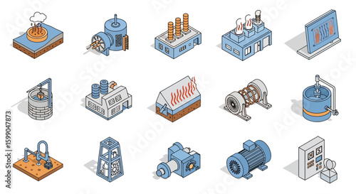Vector Icons Set of Set of colorful isometric icons depicting industrial machinery factory buildings and energy production equipment. EPS Editable