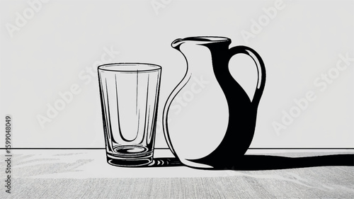 Minimalist line art illustration of a narrow glass and a wide jug perfect for beverage advertising