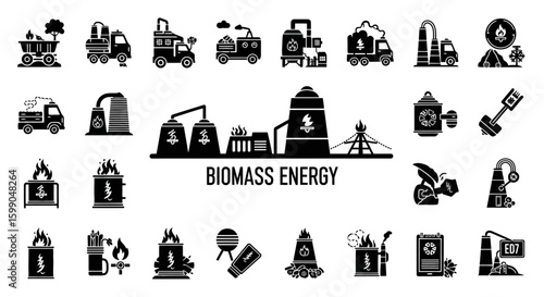 Vector Icons Set of Solid black glyph icon set illustrating the biomass energy production cycle including transport factories and renewable fuel sources. EPS Editable
