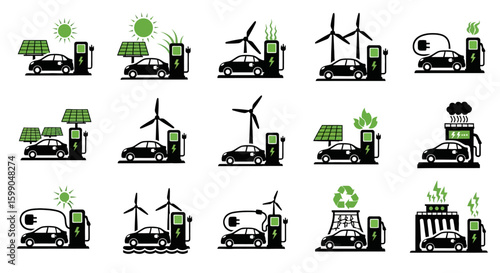 Vector Icons Set of Vector icon collection of electric cars at charging stations powered by solar wind and other renewable green energy sources. EPS Editable