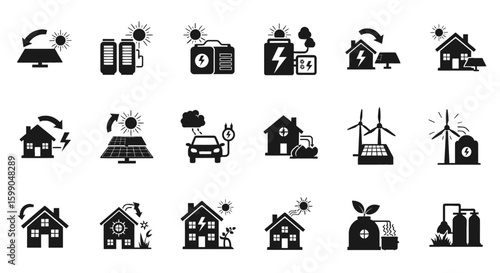 Vector Icons Set of A black silhouette icon set illustrating renewable energy concepts like solar panels wind turbines and ecofriendly homes. EPS Editable