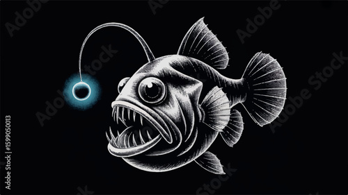 Detailed angler fish with glowing lure intricate black ink line drawing on white background
