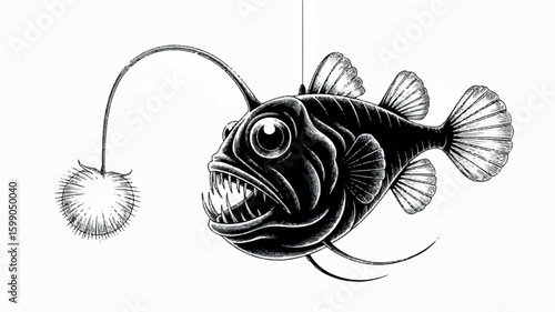 Detailed angler fish with glowing lure intricate black ink line drawing on white background