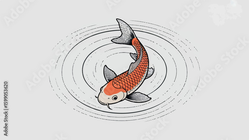 Minimalist black and white line art of a koi fish swimming in circular water ripples