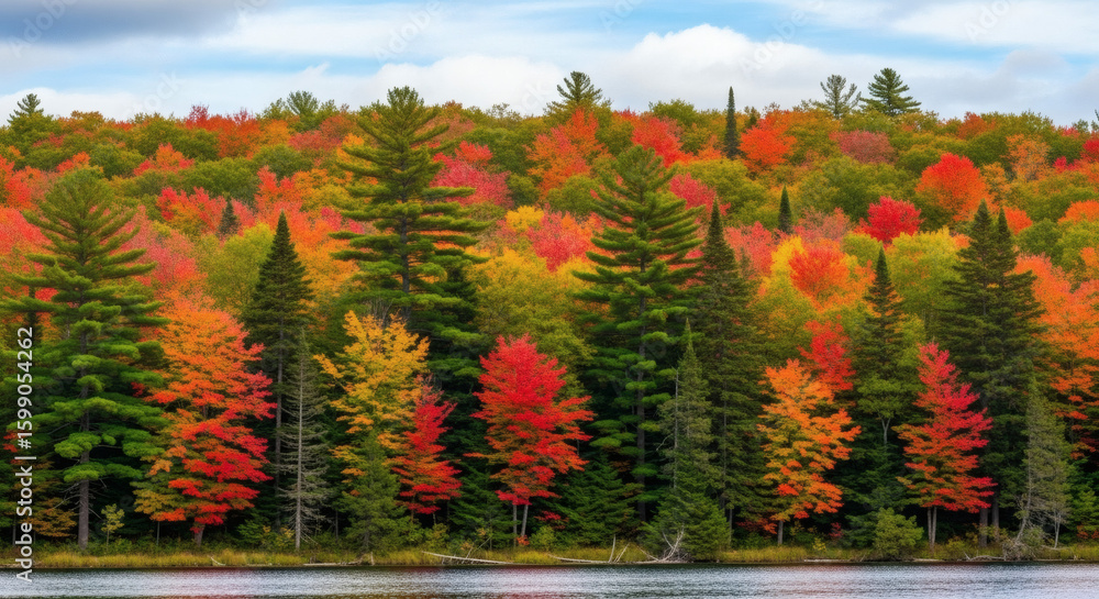 Obraz premium landscape of trees across the lake, natural red trees and lake background