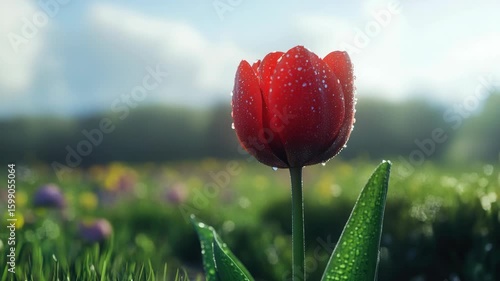 Close-up of red tulip flower with morning dew, capturing the beauty and freshness of spring.