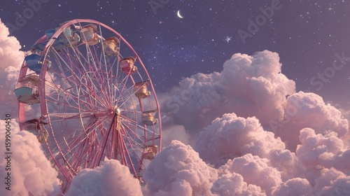 Fototapeta Naklejka Na Ścianę i Meble -  ferris wheel floating above clouds in pastel dreamlike violet sky