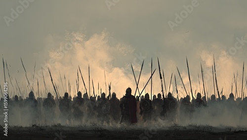 A vast army of figures with spears advances across a smoky field at dusk. Dramatic lighting