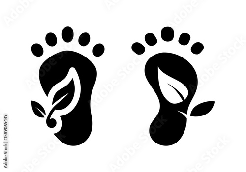 Ecological footprint icon with a black foot silhouette and embedded leaf, symbolizing carbon impact and sustainability.