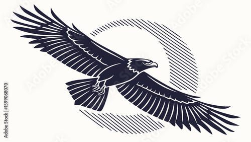 Eagle soars powerfully across the sky with a striped circle in the background in a bold graphic style