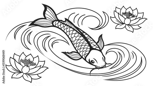 Outlined koi fish swimming in water surrounded by lotus flowers in a black and white illustration