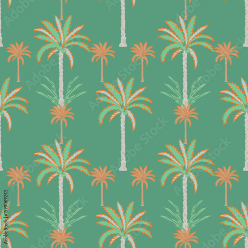 Tropical seamless pattern with hand drawn palm trees. Hawaiian florals summer background