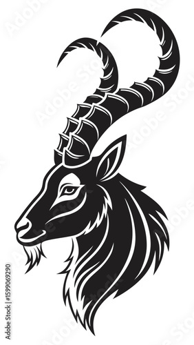 Illustration of a stylized black ibex head with large curved horns on a white background design element