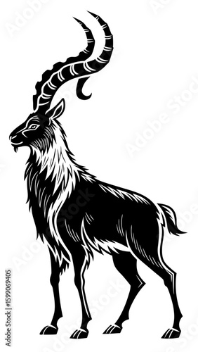 Illustration of a majestic black ibex with long curved horns standing in a proud and noble pose