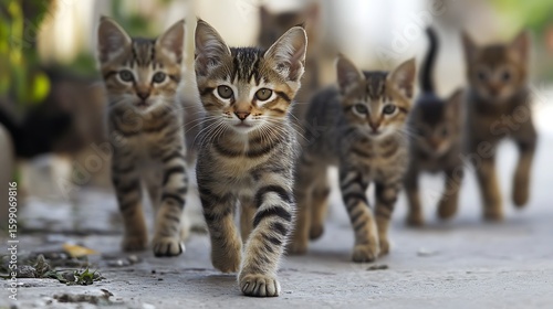 Group of Striped Kittens Walking Outdoors