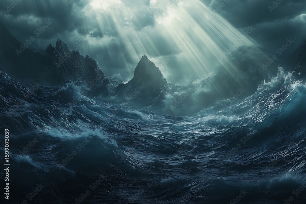 Fototapeta premium Ocean Waves Crashing Against Rocky Cliffs Under Dramatic Sky and Sunlight