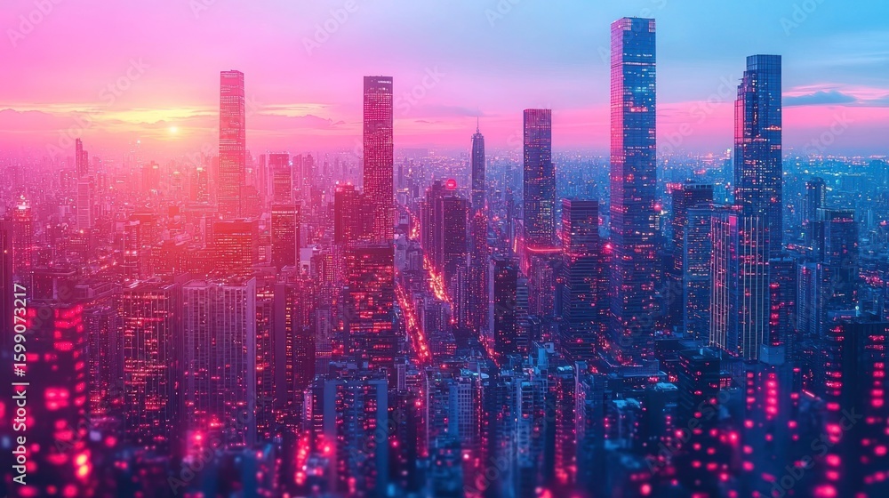 Fototapeta premium Vibrant Cityscape at Sunset: A Breathtaking Aerial View of a Modern Metropolis