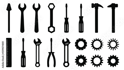 Construction tool Collection of and mechanical parts silhouettes and safety gear icons set