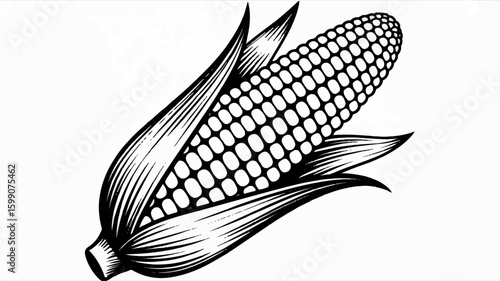 Detailed black and white line drawing of a single ear of corn on the cob