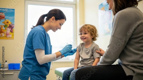 Young child receives vaccination in a pediatric clinic during daytime with a smiling nurse and a parent present