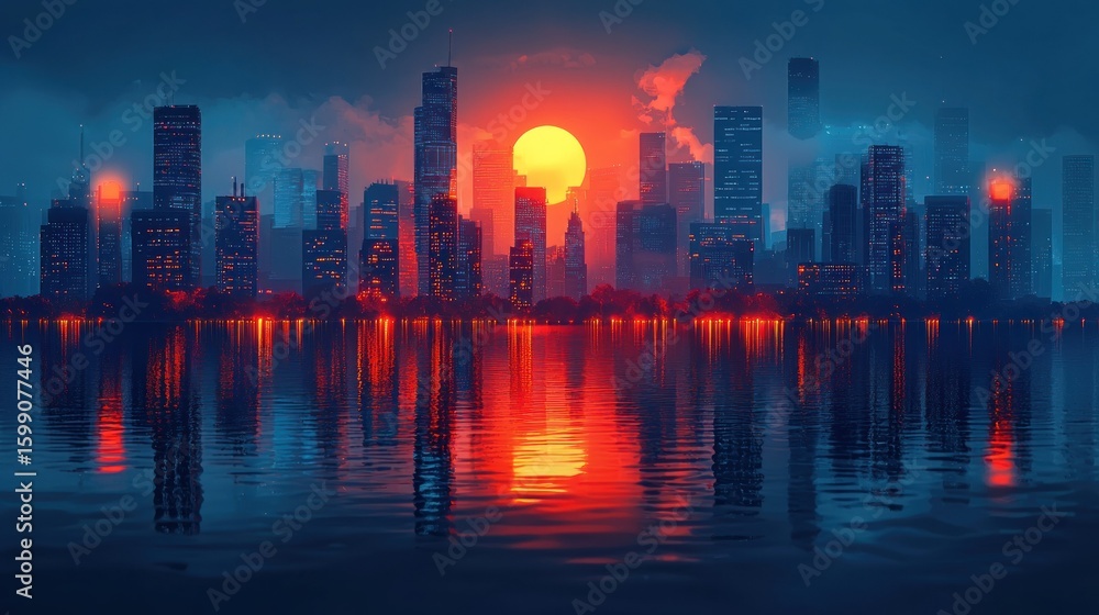 Fototapeta premium Cityscape Sunset Reflection: A Stunning Metropolis at Dusk