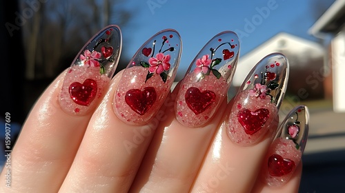 Delicate, intricate nail art featuring translucent tips adorned with delicate pink flowers and shimmering red hearts.