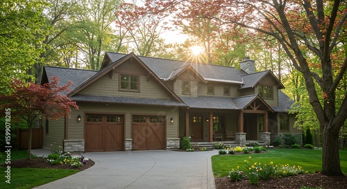 Beautiful custom built craftsman style home three car garage with wooden doors lush landscaping with spring foliage and shadows dappling the yard