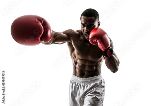 Intense male boxer with a fierce expression delivers a forceful punch against white
