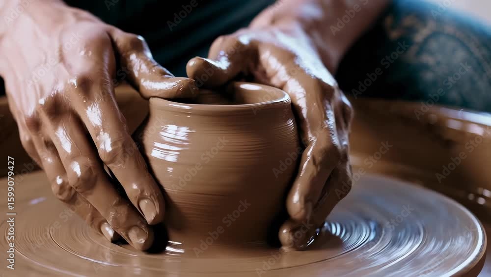 Close-up of Hands Shaping Clay on Pottery Wheel Close-up of Hands Shaping Clay on Pottery Wheel