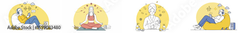 Four-panel illustration of relaxation and self-care moments with yellow arches and soft colors