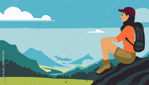 Adventurer resting on a rock with a scenic valley view