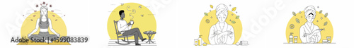 Four-panel illustration of self-care and relaxation with yellow background