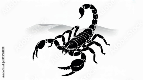 Striking black and white silhouette illustration of a scorpion on a clean white background