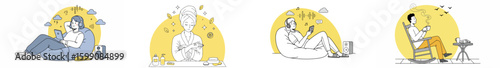 Four-panel illustration of people engaged in relaxed activities with pastel yellow and blue tones