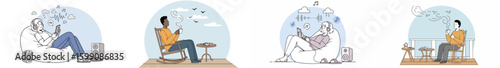 Polished illustration of four people in serene indoor scenes with light blue semi-circular arches