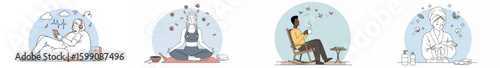 Four-panel illustration of relaxation and self-care routines with circular composition
