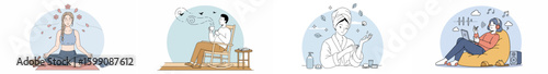 Illustration of four circular scenes depicting women and a man engaged in different activities