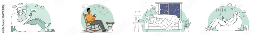 Fototapeta premium Illustration of four domestic scenes with technology and relaxation themes on circular green backgrounds