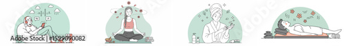 Four-panel illustration of wellness and relaxation activities with light green arches