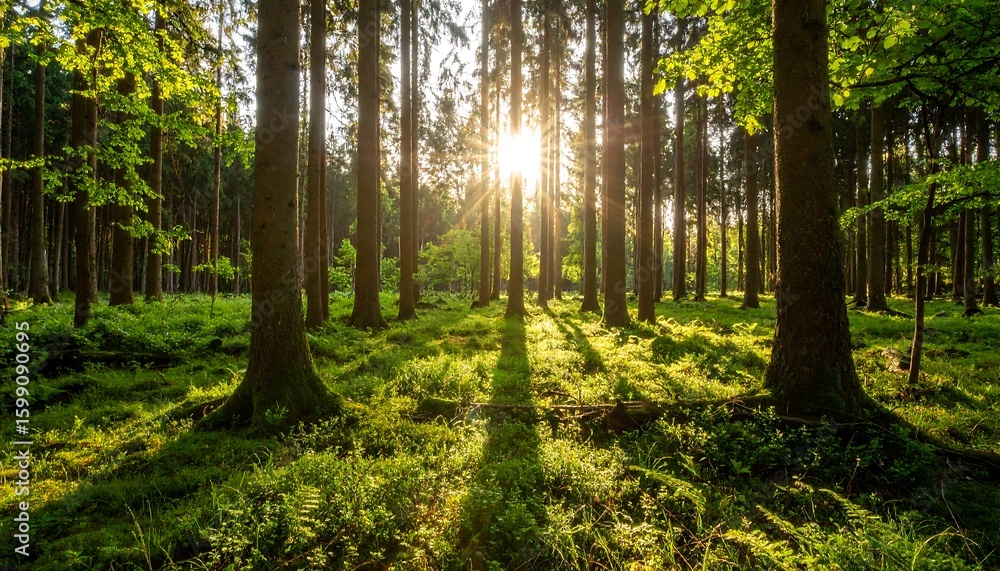 Fototapeta premium Sunlight filtering through a dense forest (1)