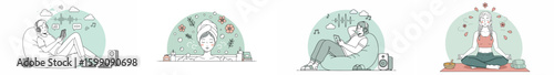 Four-panel illustration of women engaged in relaxation and self-care activities