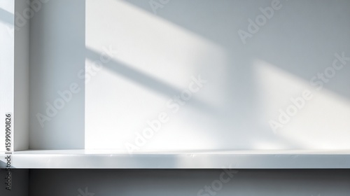 Wallpaper Mural Minimalist interior scene featuring a white shelf against a bright white wall, illuminated by sunlight streaming through a window, casting diagonal shadows Torontodigital.ca