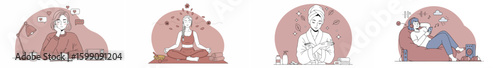 Four-panel illustration of a woman in moments of relaxation, self-care, and introspection