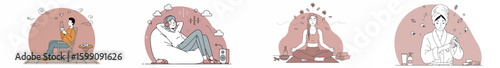 Four-panel illustration of women and a man in various relaxed and studious settings with warm-toned color palette