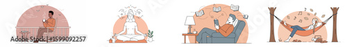 Four-panel illustration of serene everyday moments with warm muted color palette