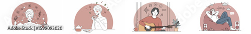 Four-panel illustration of a young woman in moments of introspection and creativity