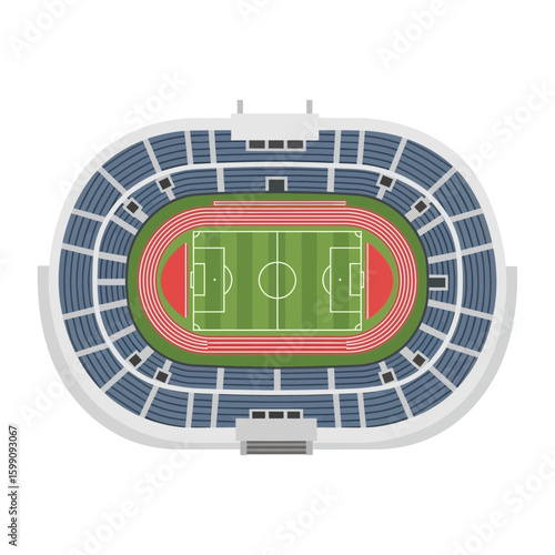 An overhead illustration of a stadium with a soccer field and running track.