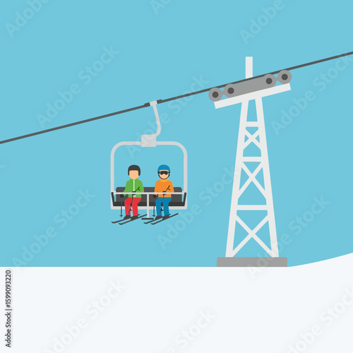 Two people on a ski lift with skis in a winter setting.